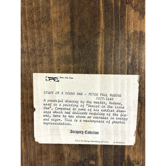 1963 Rubens “Study of a Young Man” F.A.P. Antiquity Collection Wood Plaque - Picture 5 of 7